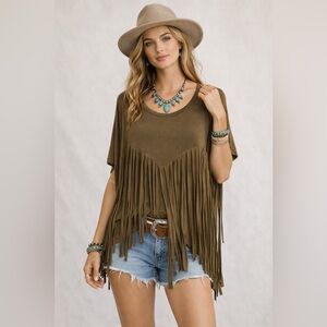 RARE Nordstrom POL army green distressed loose fringe tunic top - S/M